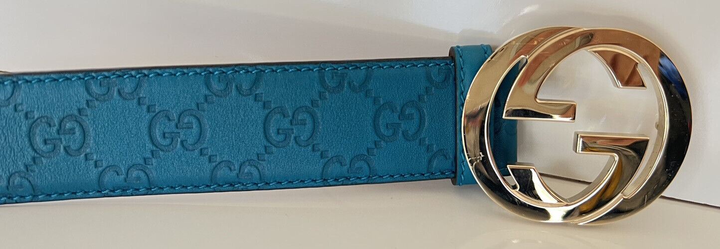 Gucci Men's GG Monogram Signature Turquoise Leather Belt 85/34 214351 Italy