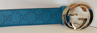 Gucci Herren-Gürtel aus türkisfarbenem Leder mit GG-Monogramm-Signatur, 85/34, 214351, Italien 