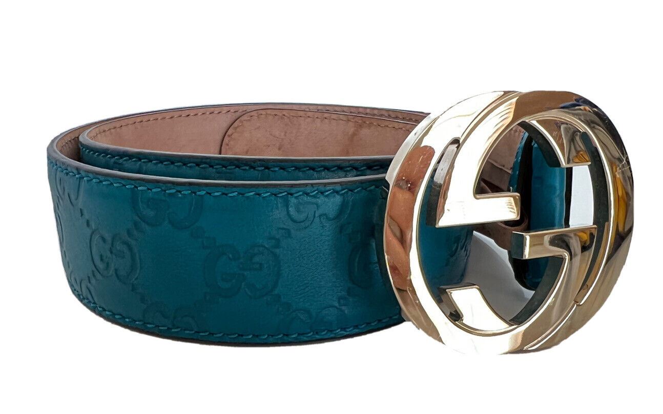 Gucci Herren-Gürtel aus türkisfarbenem Leder mit GG-Monogramm-Signatur, 85/34, 214351, Italien 