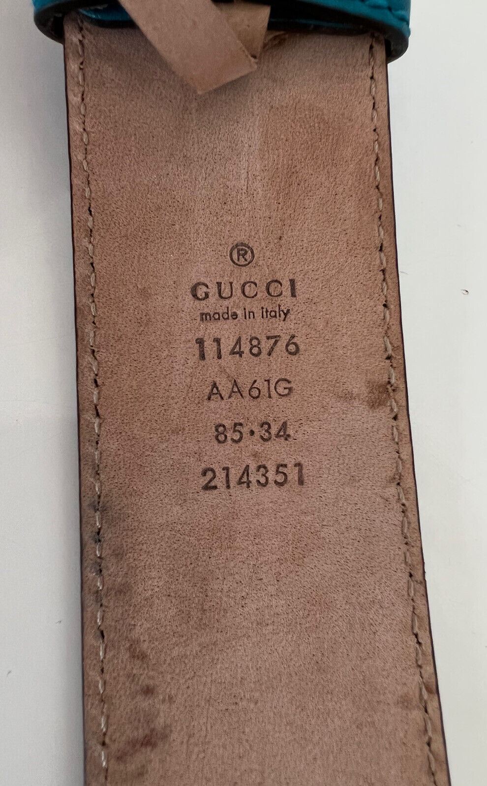 Gucci Herren-Gürtel aus türkisfarbenem Leder mit GG-Monogramm-Signatur, 85/34, 214351, Italien 