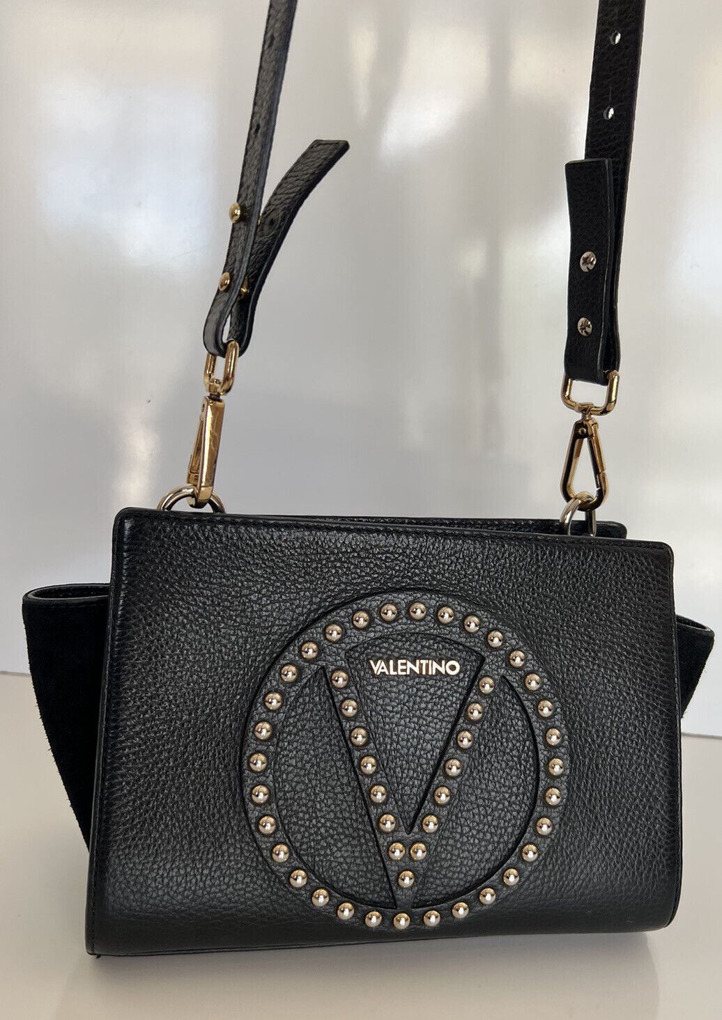 Mario Valentino Leather Chain Black Shoulder Strap studded Bag Made in Italy