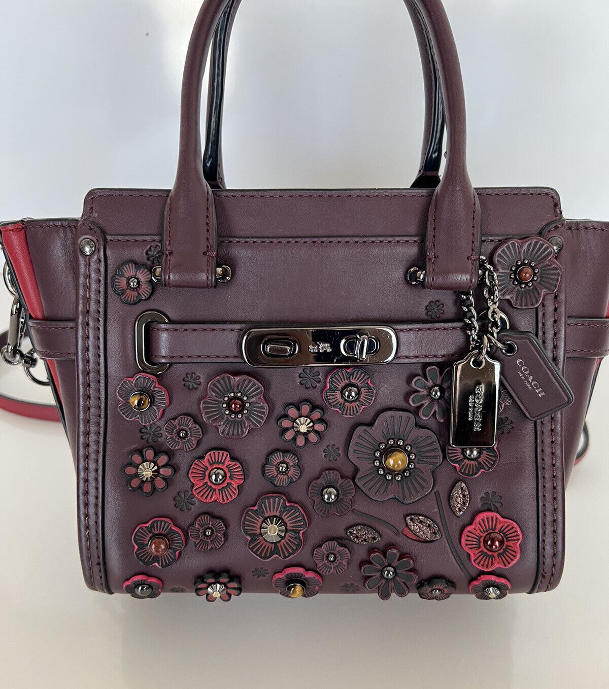 COACH Willow Floral Mercer Satchel Leather Burgundy Bag