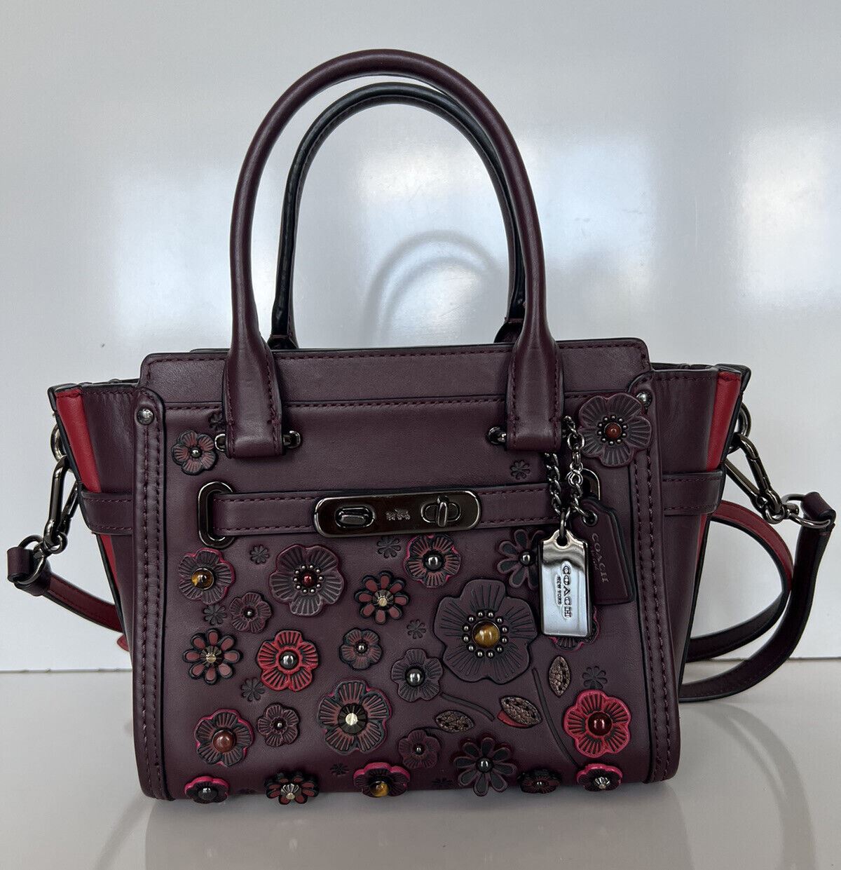 COACH Willow Floral Mercer Satchel Leather Burgundy Bag