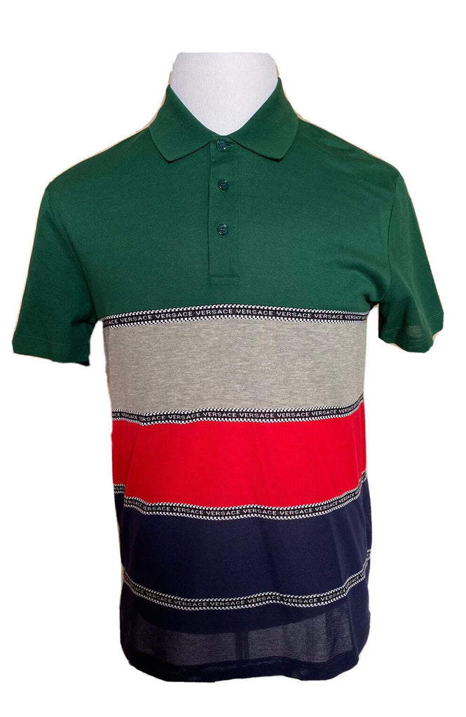 Neu mit Etikett: 650 $ Versace Blau gestreiftes maßgeschneidertes Baumwoll-Poloshirt Medium A84992