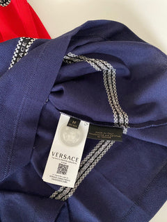 Neu mit Etikett: 650 $ Versace Blau gestreiftes maßgeschneidertes Baumwoll-Poloshirt Medium A84992