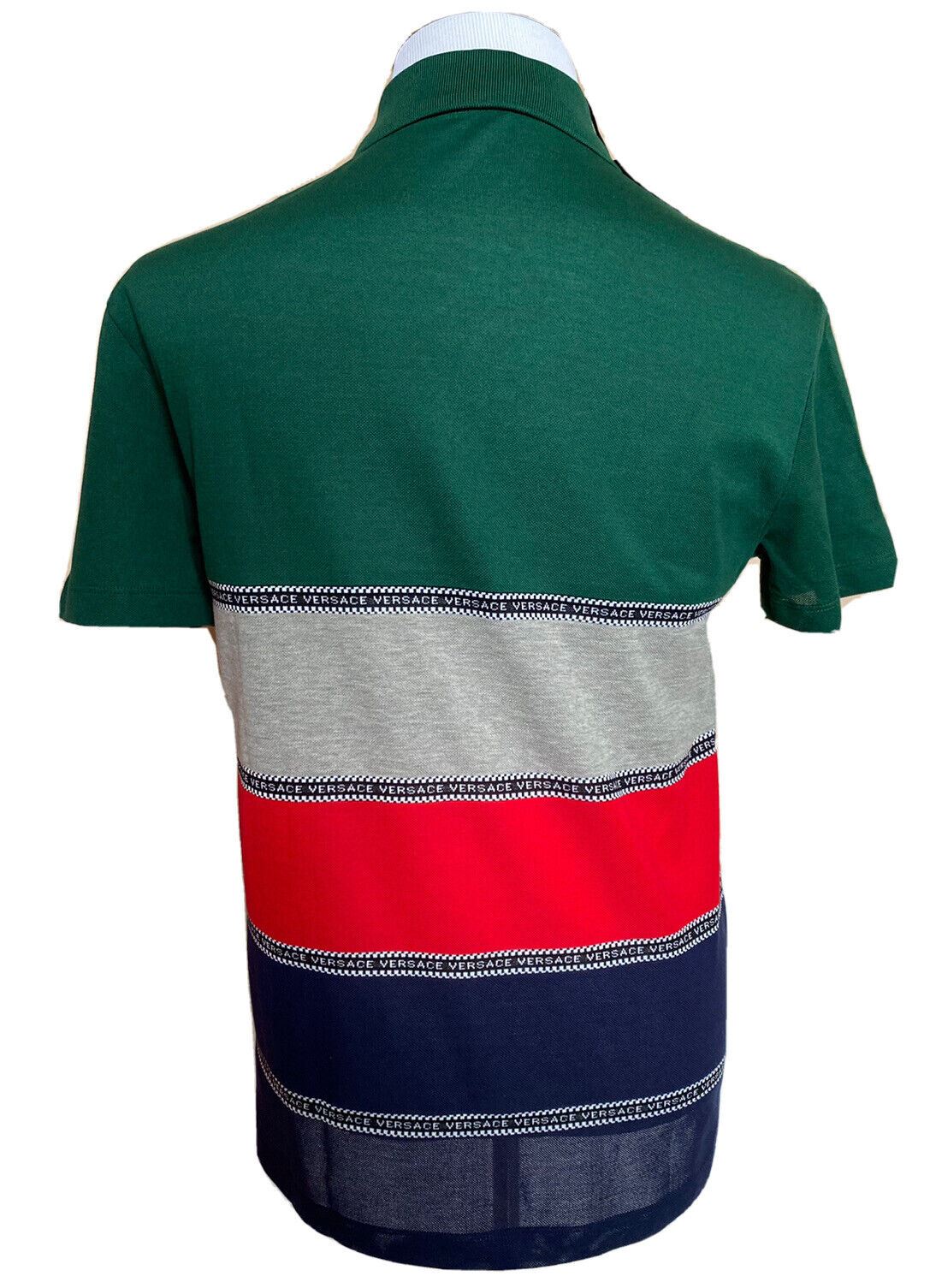Neu mit Etikett: 650 $ Versace Blau gestreiftes maßgeschneidertes Baumwoll-Poloshirt Medium A84992