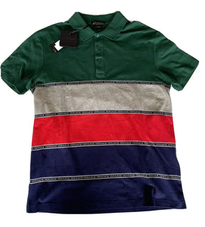 Neu mit Etikett: 650 $ Versace Blau gestreiftes maßgeschneidertes Baumwoll-Poloshirt Medium A84992