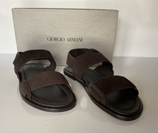 NIB $625 Giorgio Armani Braune Wildleder/Leder-Knöchelriemensandalen 9 US X2P064 IT 