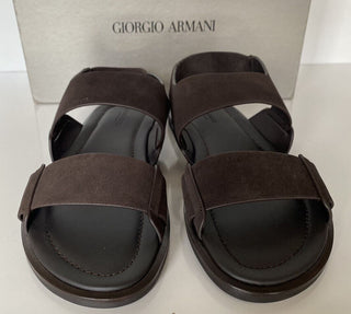 NIB $625 Giorgio Armani Braune Wildleder/Leder-Knöchelriemensandalen 10,5 US X2P064 