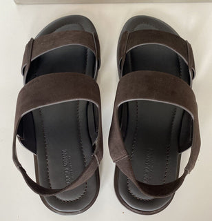 NIB $625 Giorgio Armani Braune Wildleder/Leder-Knöchelriemensandalen 10,5 US X2P064 