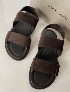 NIB $625 Giorgio Armani Braune Wildleder-/Leder-Knöchelriemensandalen 12 US X2P064 IT 