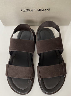 NIB $625 Giorgio Armani Braune Wildleder-/Leder-Knöchelriemensandalen 12 US X2P064 IT 