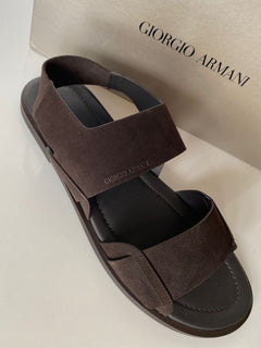 NIB $625 Giorgio Armani Braune Wildleder-/Leder-Knöchelriemensandalen 12 US X2P064 IT 