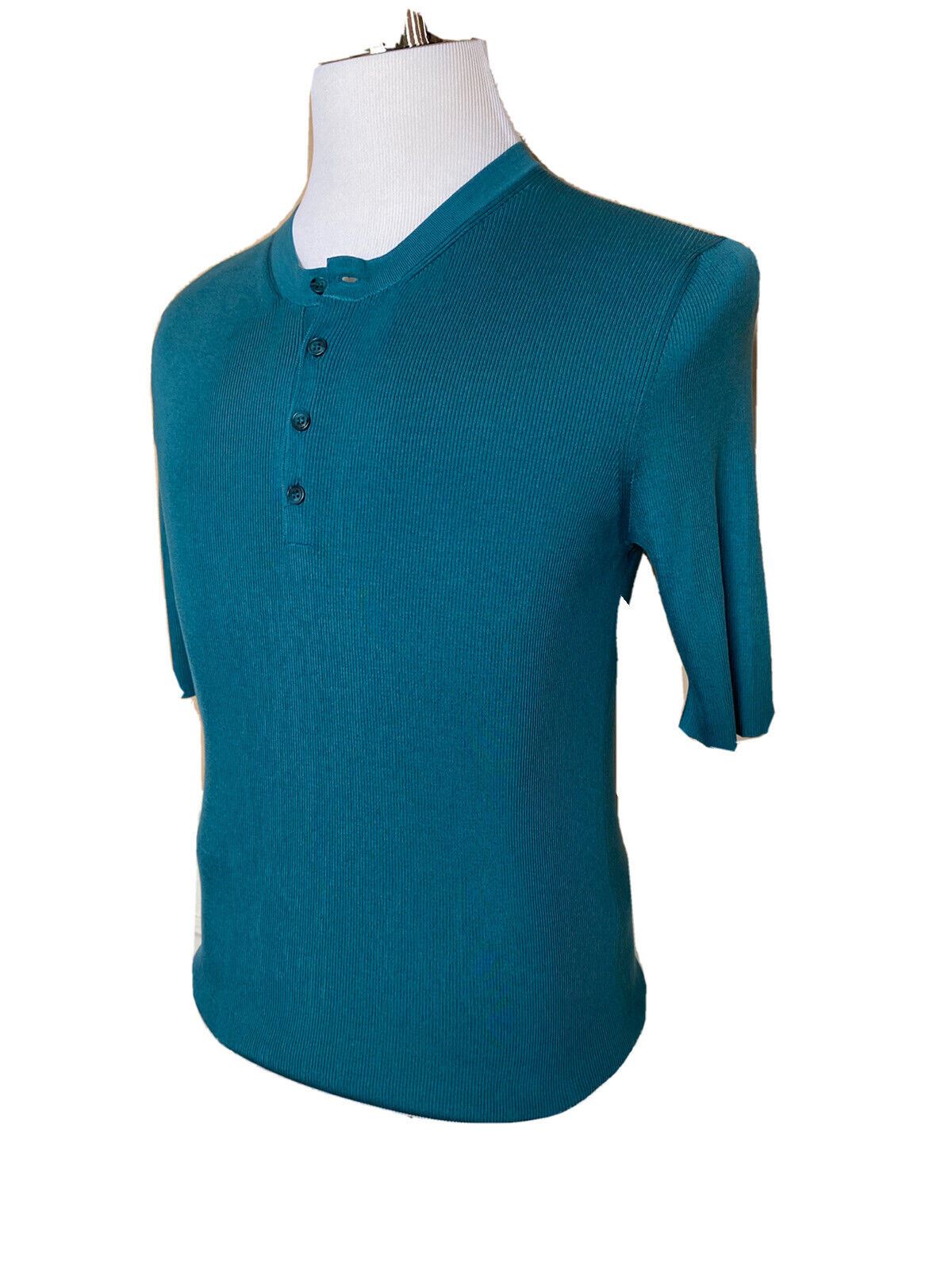 NWT 995 $ Dolce&amp;Gabbana Seiden-Henley-Hemd mit kurzen Ärmeln, Blaugrün, 44 US (54 Euro) Italien 