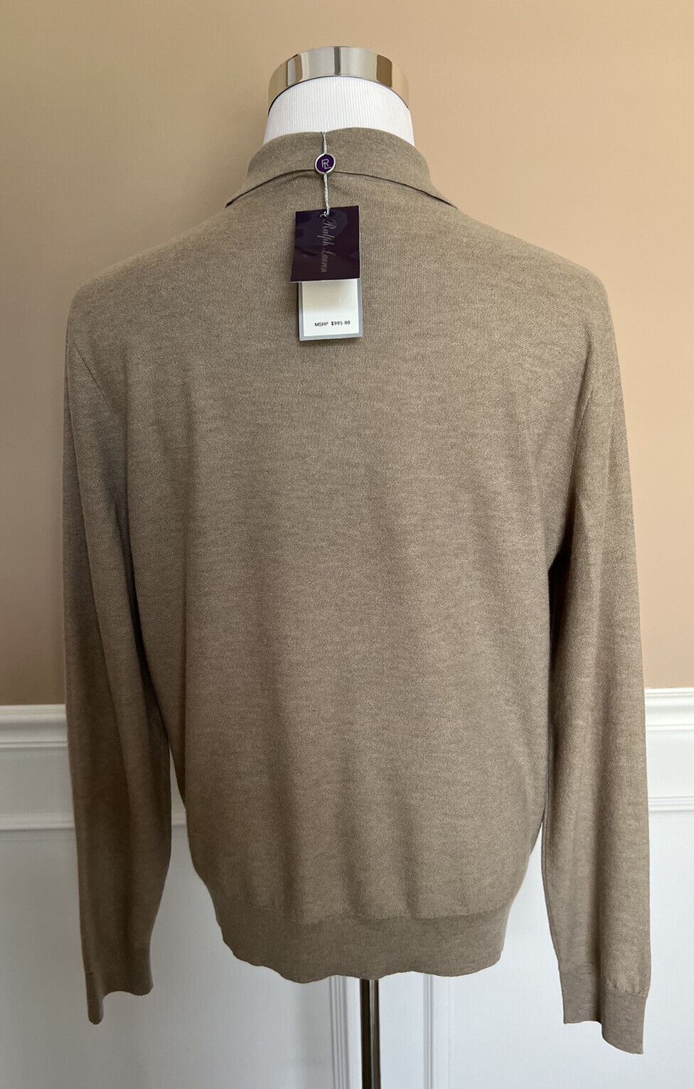NWT $995 Ralph Lauren Purple Label Silk/Cashmere Oatmeal Polo Shirt L Italy