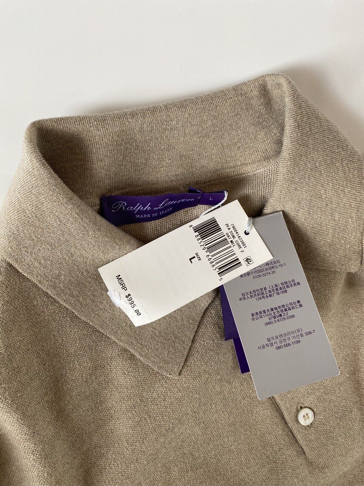 Neu mit Etikett: 995 $ Ralph Lauren Purple Label Haferflocken-Poloshirt aus Seide/Kaschmir L Italien