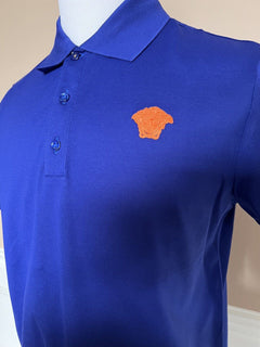 Neu mit Etikett: 425 $ Versace Medusa Blue Tailor Fit Baumwoll-Poloshirt M A87427 Hergestellt in Italien