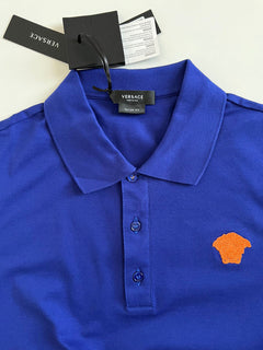 Neu mit Etikett: 425 $ Versace Medusa Blue Tailor Fit Baumwoll-Poloshirt M A87427 Hergestellt in Italien