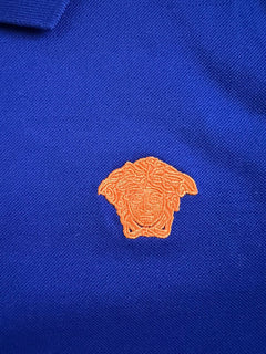 Neu mit Etikett: 425 $ Versace Medusa Blue Tailor Fit Baumwoll-Poloshirt M A87427 Hergestellt in Italien