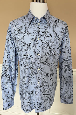 NWT $850 Versace Blue Graphic Print Dress Shirt Size 46 A87409 Made in Italy