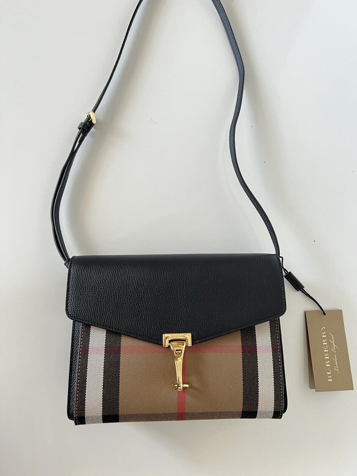 NWT Burberry Small Macken House Check Derby Leather Cross Body Bag Black 3980825