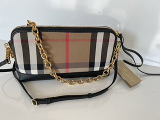 Neu mit Etikett: Burberry Abingdon House Check Derby Leder Umhängetasche Schwarz 4014741 Italien