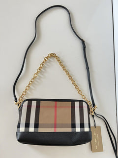 Neu mit Etikett: Burberry Abingdon House Check Derby Leder Umhängetasche Schwarz 4014741 Italien