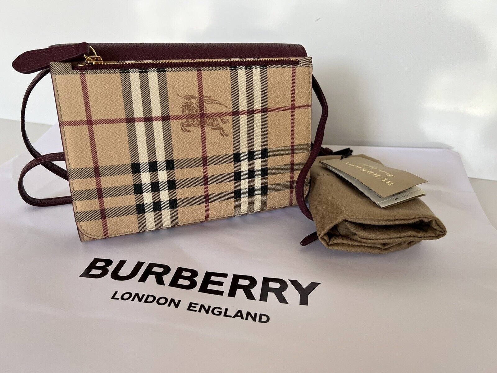 NWT Burberry London Small Loxley Haymarket Check Dark Plum Crossbody Bag 8037917