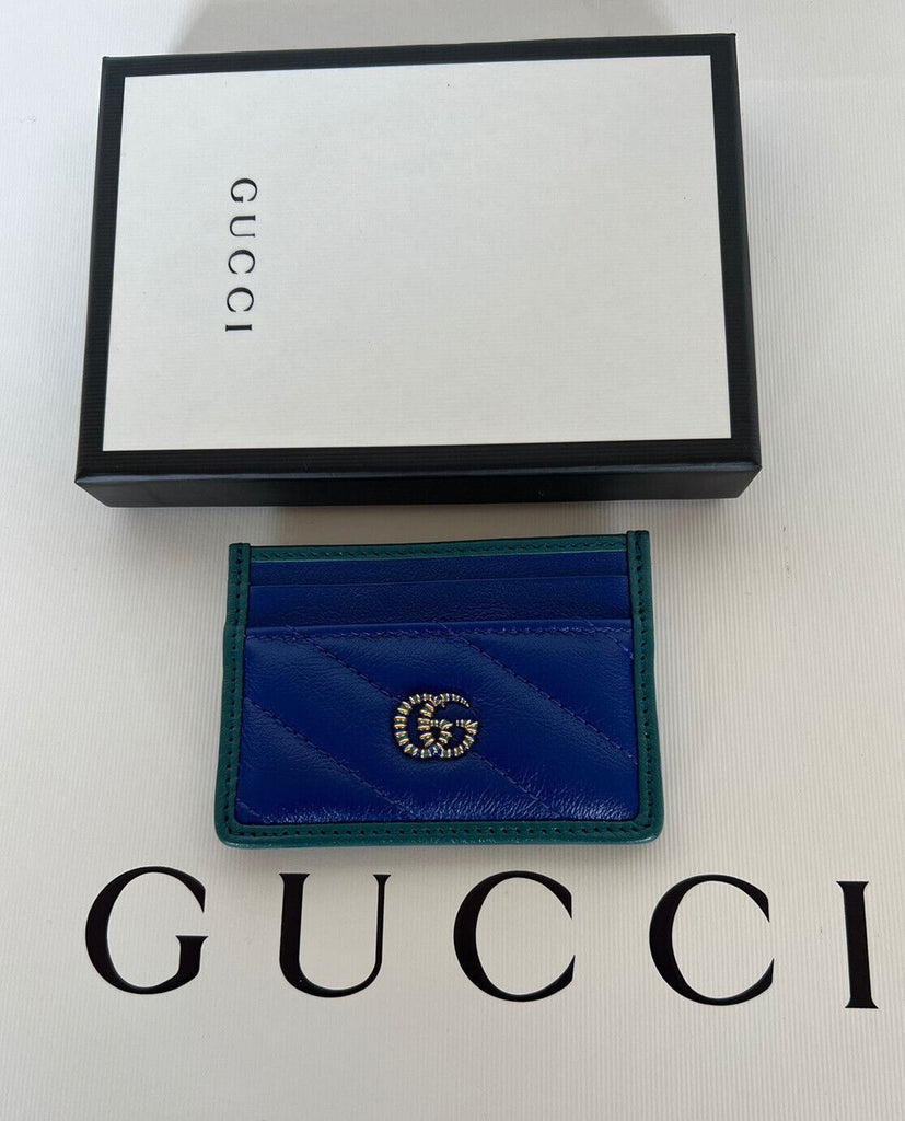 NIB Gucci GG Marmont gestepptes Leder-Kartenetui in Blau/Grün, hergestellt in Italien 573812 