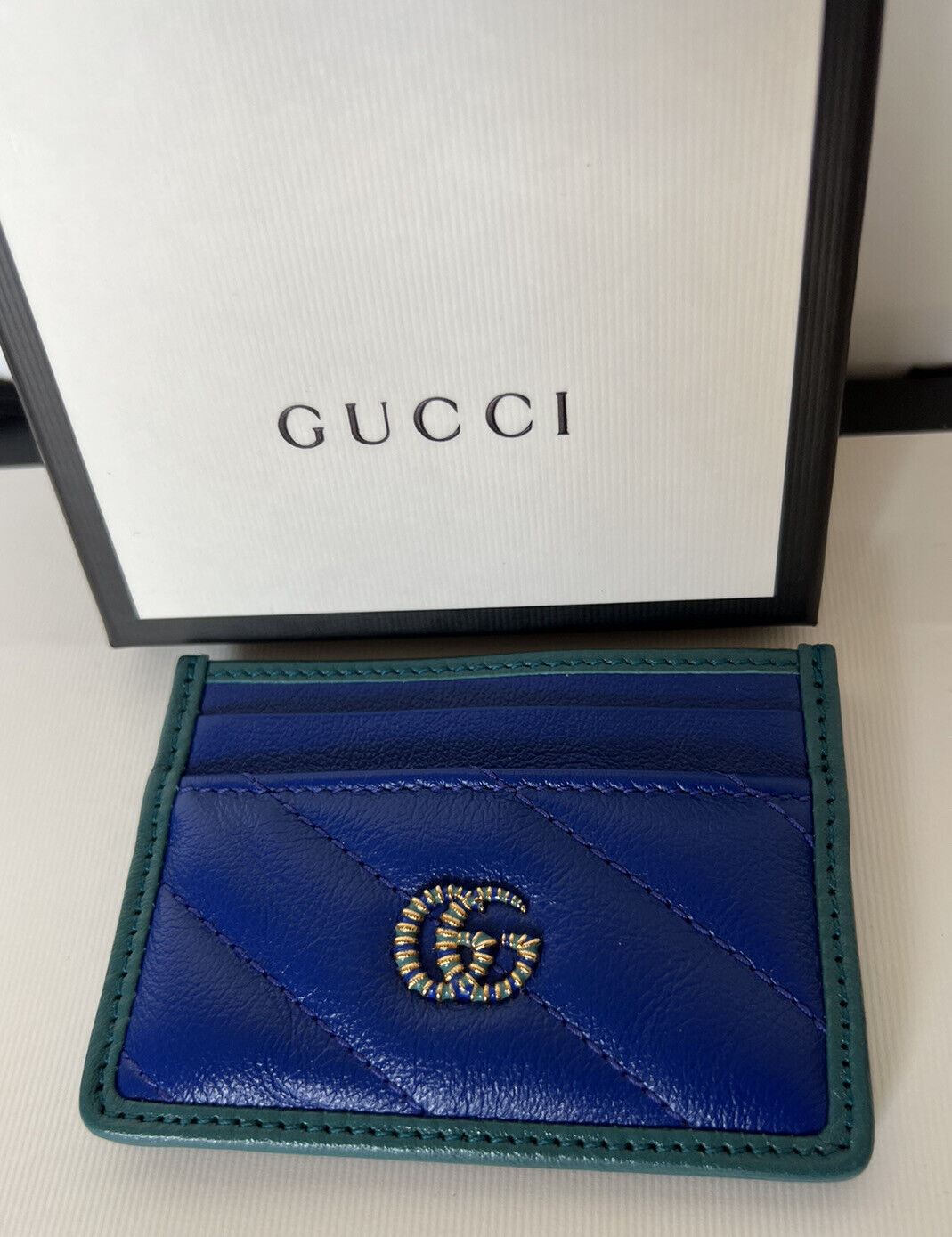 NIB Gucci GG Marmont Quilted Leather Blue/Green Card Holder Made in Italy 573812