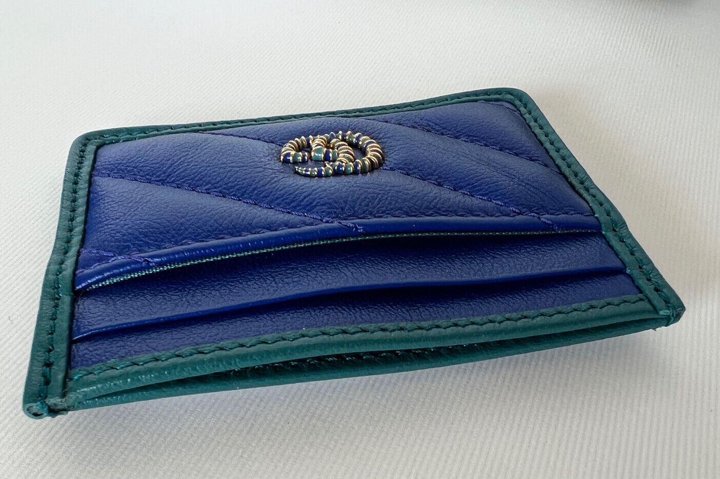 NIB Gucci GG Marmont Quilted Leather Blue/Green Card Holder Made in Italy 573812