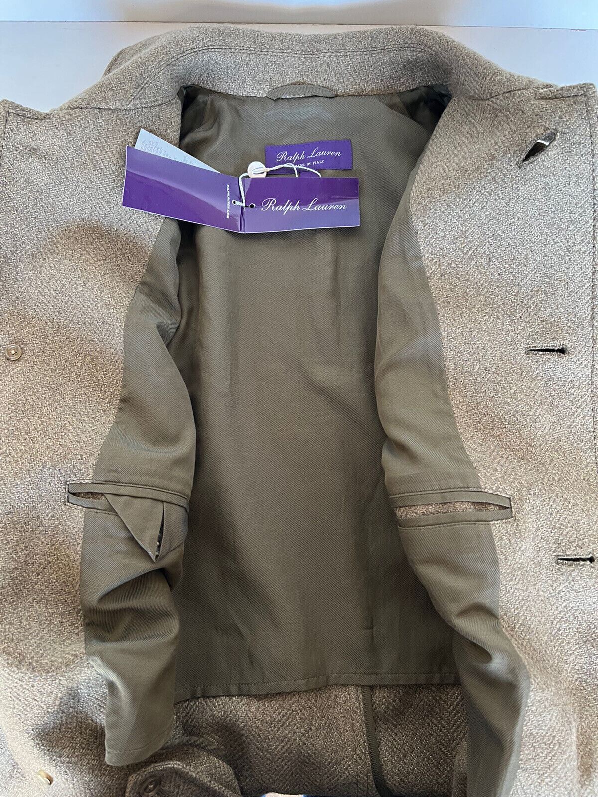 Neu mit Etikett: 2995 $ Ralph Lauren Purple Label Herrenmantel aus Wolle/Seide, Grün, Größe 40, Italien 