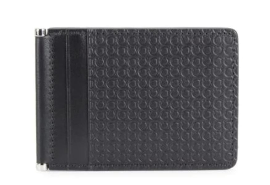 NIB 295 $ Salvatore Ferragamo Bifold-Geldbörse aus schwarzem Leder mit Gancini-Prägung IT 