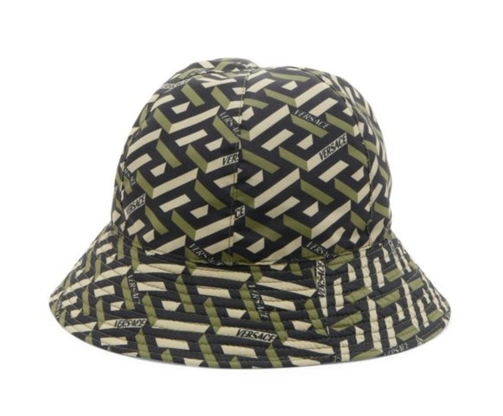Neu mit Etikett: 350 $ Versace Fischerhut mit La Greca-Print Kaki 58 (L)