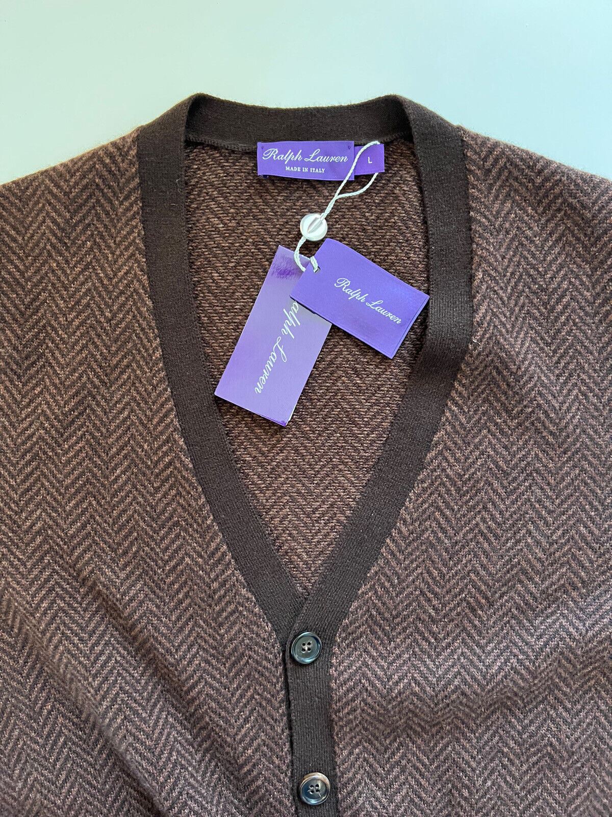 NWT 1695 долларов США Ralph Lauren Purple Label Кашемировый коричневый кардиган L Сделано в Италии