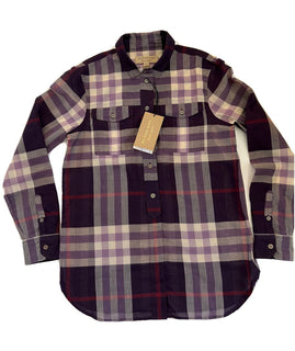 Neu mit Etikett: 350 $ Burberry Damen-Hemd Regency Lila aus Baumwolle mit Knöpfen XL 