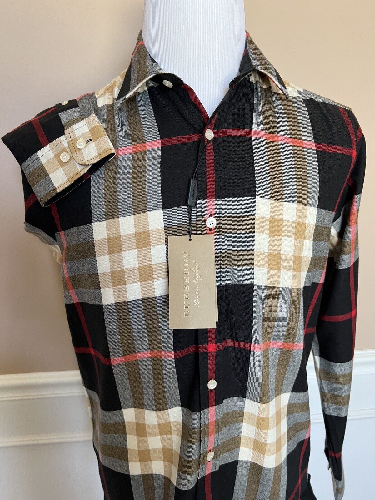 NWT $390 Burberry Men's Black  Check Cotton Button-Up Shirt Medium