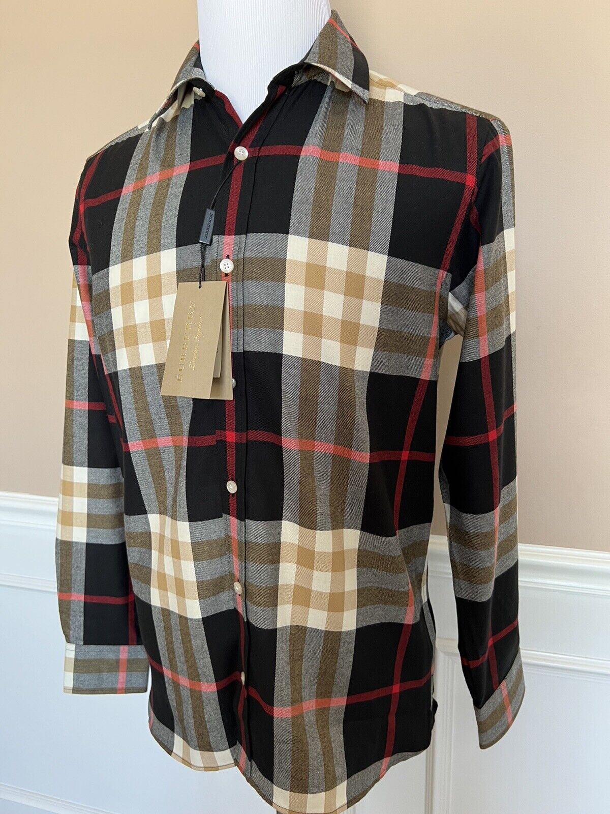 NWT $390 Burberry Men's Black  Check Cotton Button-Up Shirt Medium