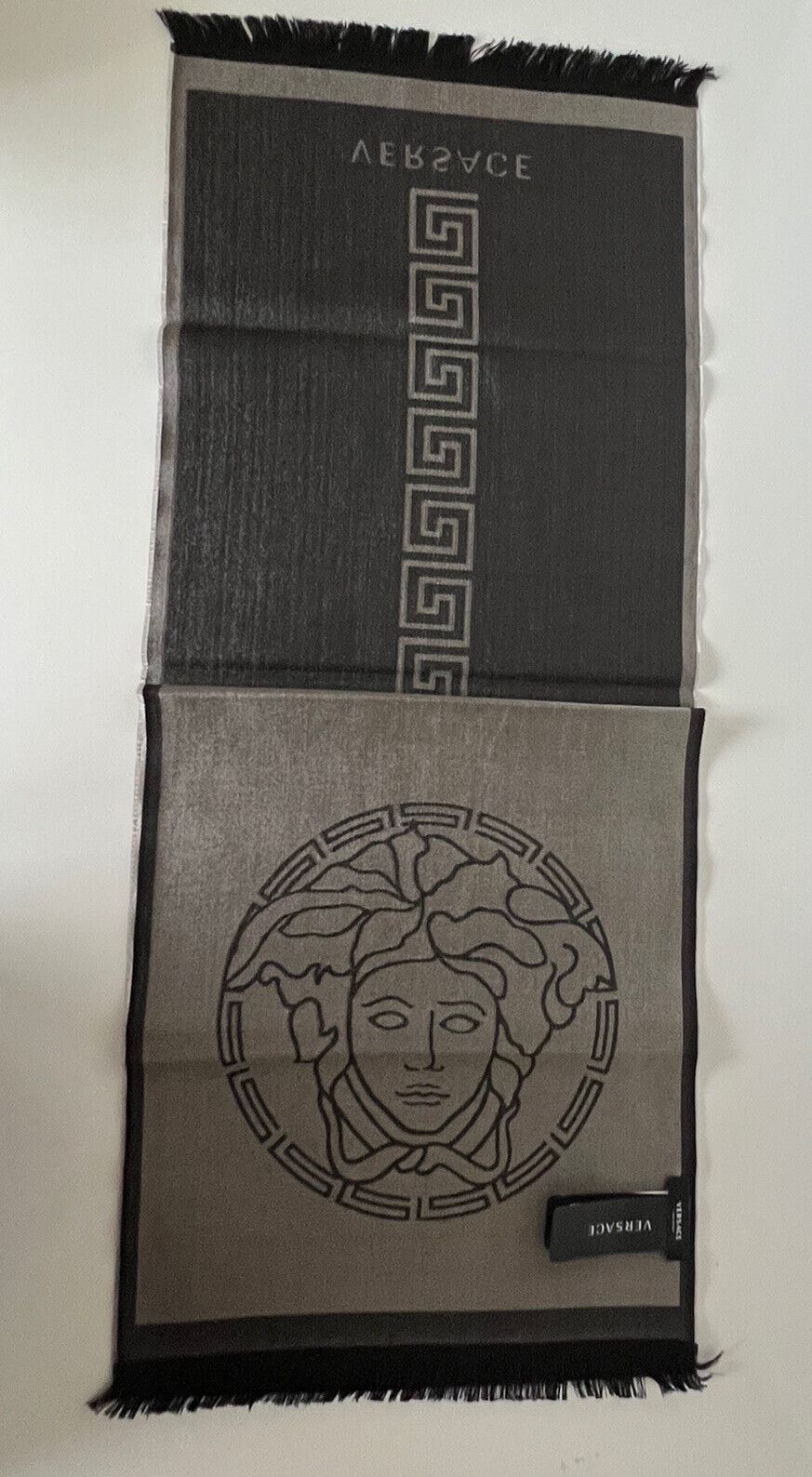 NWT $400 Versace Medusa/Greek Key Logo Wool & Silk Black/Gray Scarf 14.5Wx70L