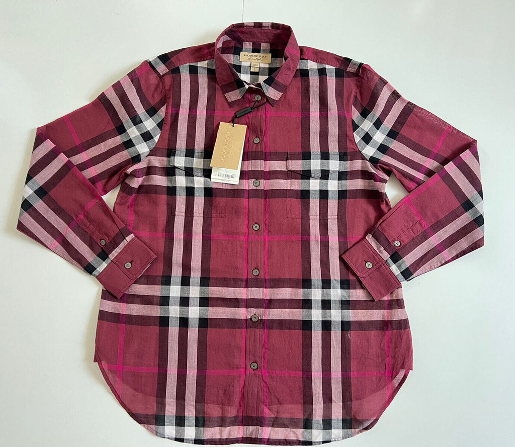 Neu mit Etikett: 350 $ Burberry Damen-Hemd Regency aus Baumwolle mit Knöpfen in Lila L 