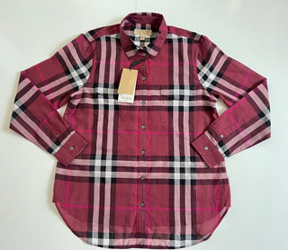 Neu mit Etikett: 350 $ Burberry Damen-Hemd Regency aus Baumwolle mit Knöpfen in Lila L 