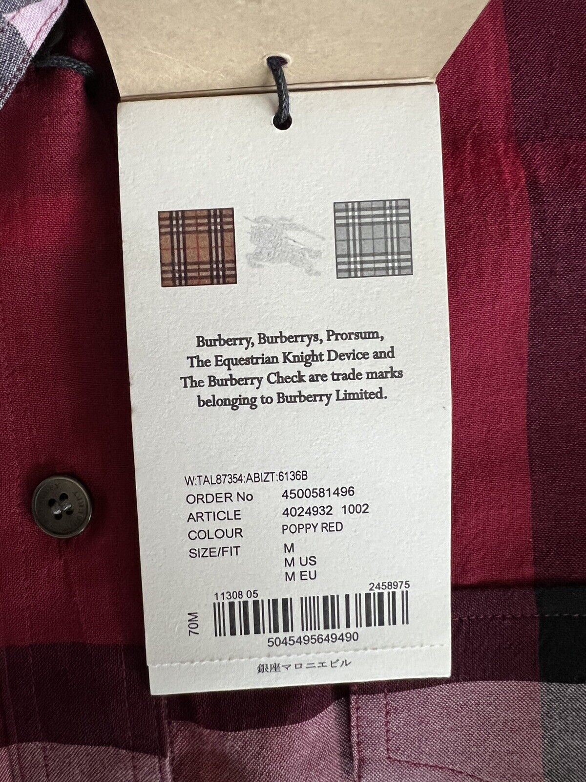 Neu mit Etikett: 350 $ Burberry Damen-Hemd Regency Poppy Red aus Baumwolle mit Knöpfen, Größe M 