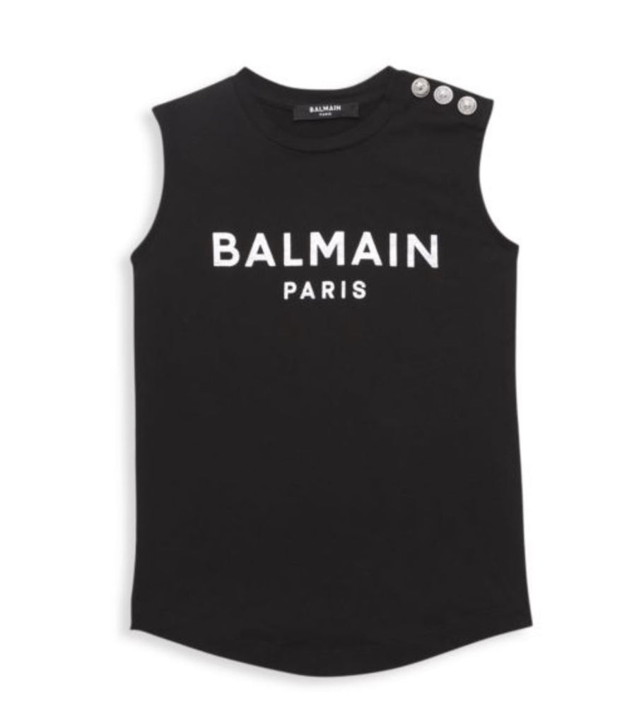 Neu mit Etikett: 214 $ Balmain Mädchen-T-Shirt aus ärmelloser Baumwolle in Schwarz, Größe 10, hergestellt in Portugal 