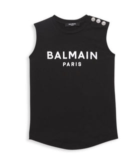 Neu mit Etikett: 214 $ Balmain Mädchen-T-Shirt aus ärmelloser Baumwolle in Schwarz, Größe 10, hergestellt in Portugal 