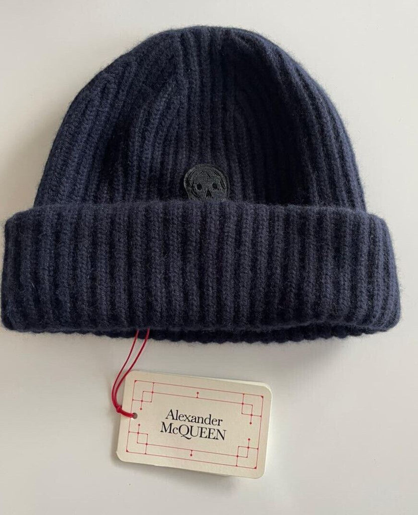 Neu mit Etikett: 385 $ Alexander McQueen Bullion Skull Ribbed Cashmere Beanie Navy Hat Large 