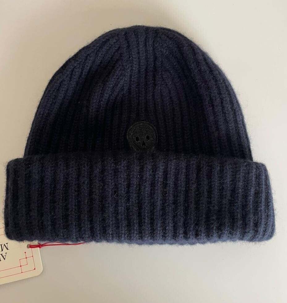 NWT $385 Alexander McQueen Bullion Skull Ribbed Cashmere Beanie Navy Hat Large