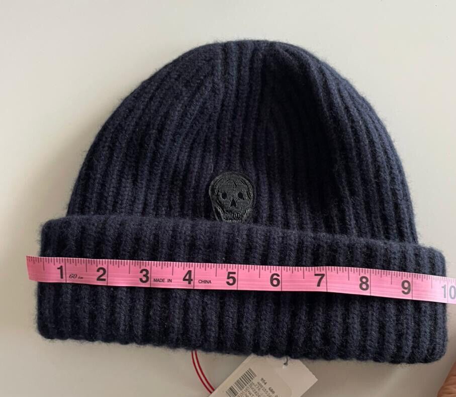 NWT $385 Alexander McQueen Bullion Skull Ribbed Cashmere Beanie Navy Hat Large