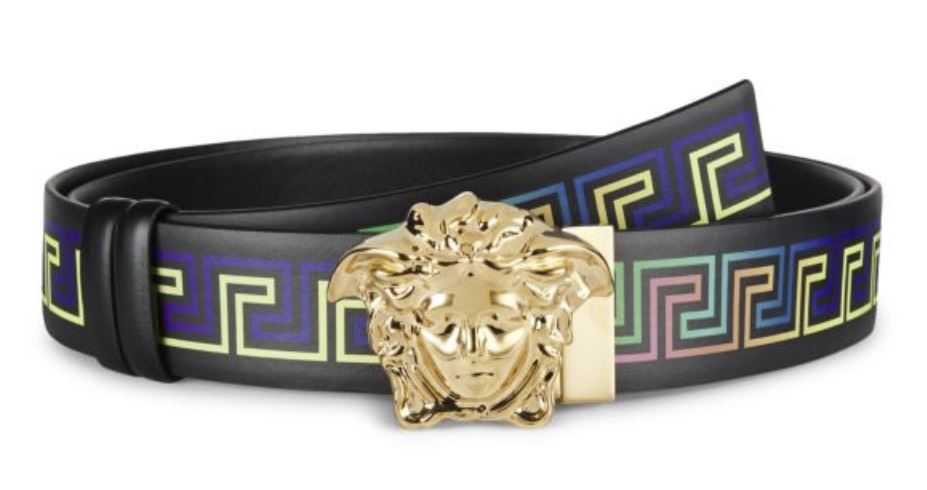 Neu mit Etikett: 550 $ Versace Medusa-Gürtel aus zuschneidbarem Leder mit griechischem Print, zweiseitig 130 (52) 