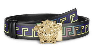 Neu mit Etikett: 550 $ Versace Medusa-Gürtel aus zuschneidbarem Leder mit griechischem Print, zweiseitig 130 (52) 