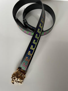 Neu mit Etikett: 550 $ Versace Medusa-Gürtel aus zuschneidbarem Leder mit griechischem Print, zweiseitig 130 (52) 